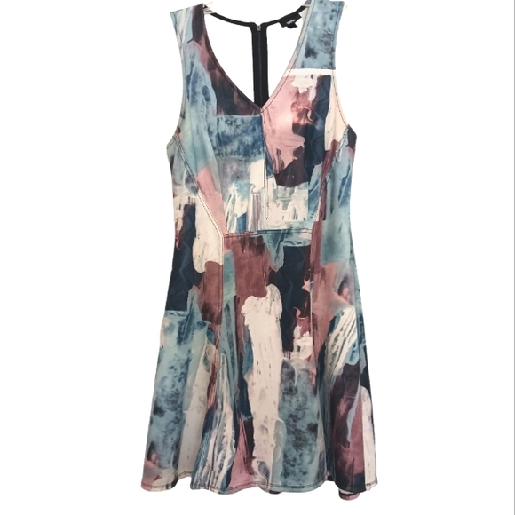 Mossimo Fit & Flare Dress Sz M Tye-Dye Mid Century Modern Denim colors Spandex - Picture 1 of 15